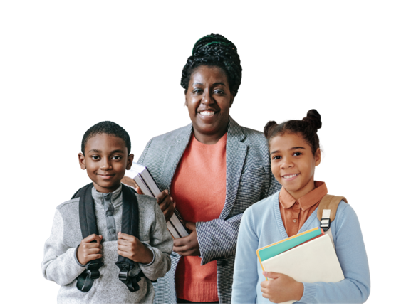 Black woman CS teacher alongside two of her elementary students, all smiling