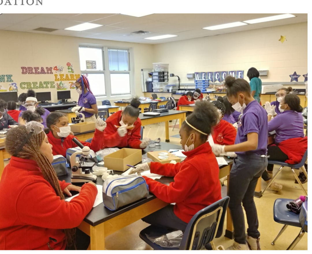 a classroom full of young black girls in computer science, all moving around and engaging with each other