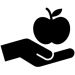 An icon of a hand holding an apple. 